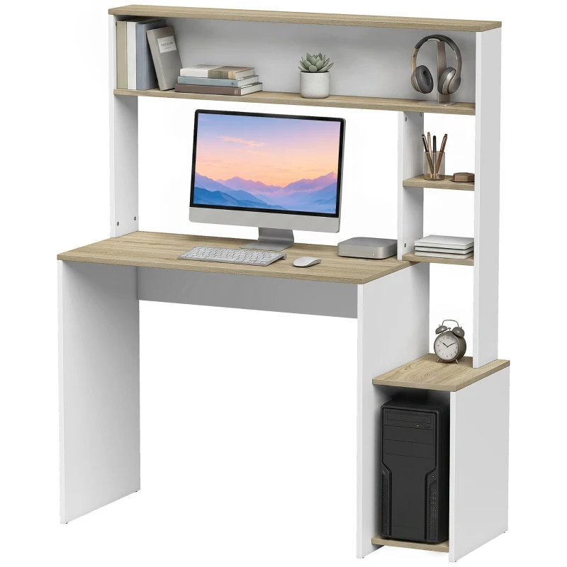 Computer Desk, 44.9 x 17.7 x 54.3 in (114 x 45 x 138 cm) – Storage Desk with Open Shelves, Large Worktop & CPU Stand, Modern Home/Bedroom Office, White & Natural Wood