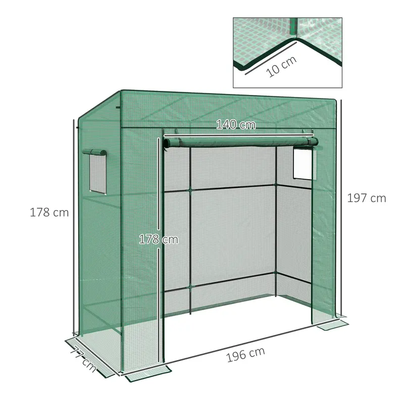 Serre de Jardin Outsunny PE, Serre de Balcon, Bâche Renforcée 140 g/m², Cadre en Acier, Porte Zippée Roulante, 2 Fenêtres, pour Plantes de Légumes Fleurs, Intérieur et Extérieur, 196x77x197cm, Vert