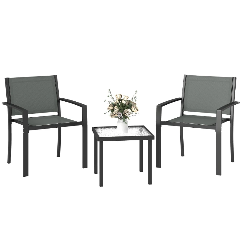 3-Piece Outdoor Bistro Set — 2 Wide Textilene Chairs & Tempered Glass Table, Light Gray