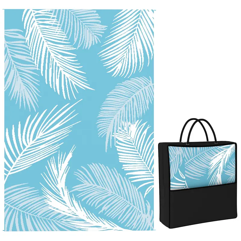 Tapis d'extérieur réversible Outsunny, résistant aux intempéries, avec sac de transport & piquets pour balcon, jardin, terrasse, salle de bain, couloir, cuisine — 274 x 182 cm, Bleu clair et blanc