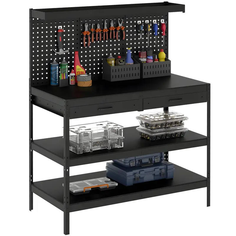 Workbench with Pegboard — Heavy-Duty Workstation with 2 Drawers & 2 Adjustable Shelves, 600 lb Capacity, 48 x 24 x 61.4 in (122 x 61 x 156 cm), Black