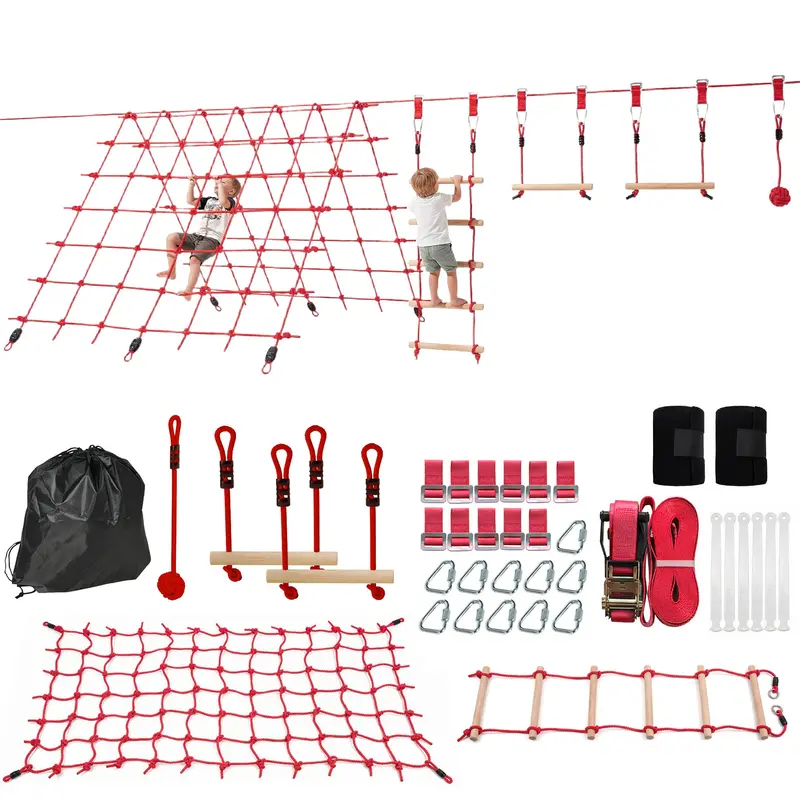 Ninja Line Kids 33 ft (10 m) Slackline Play Set — Rings, Swing, Ladder & Climbing Net — Outdoor Playset for Ages 3–6, Red
