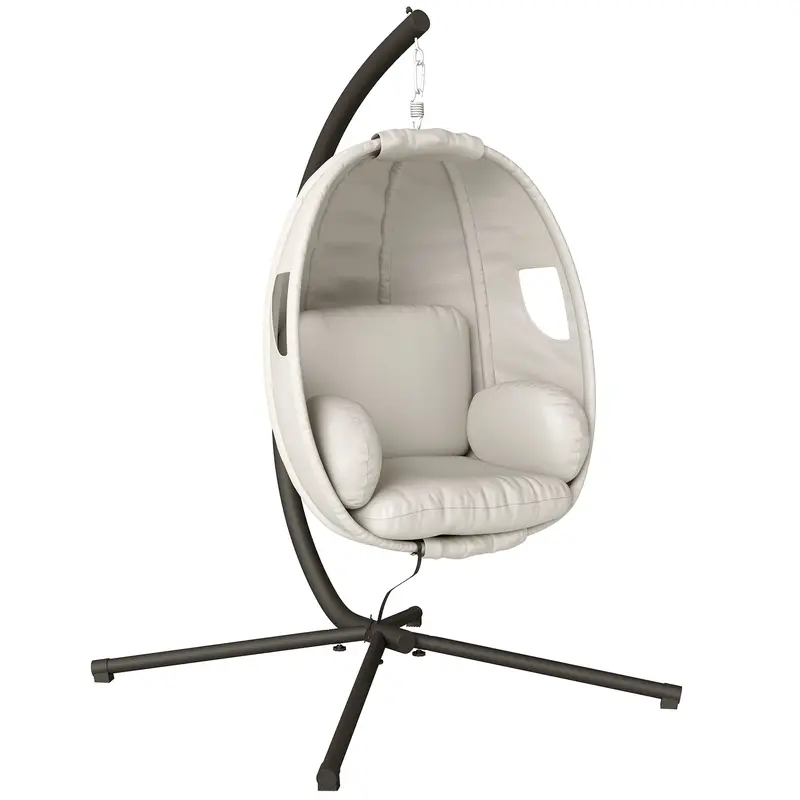 Folding Egg Hanging Chair with Stand — 8 in Padded Cushion, Adjustable Height & Safety Strap, Indoor/Outdoor, Light Gray