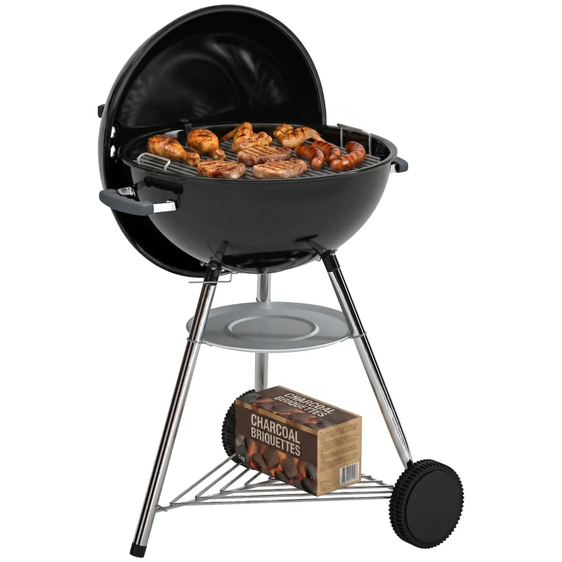 21" Round Portable Charcoal Grill with Lid, Thermometer, Dual Charcoal Boxes, Lower Shelf, Ash Collector, Handles & Wheels — Black