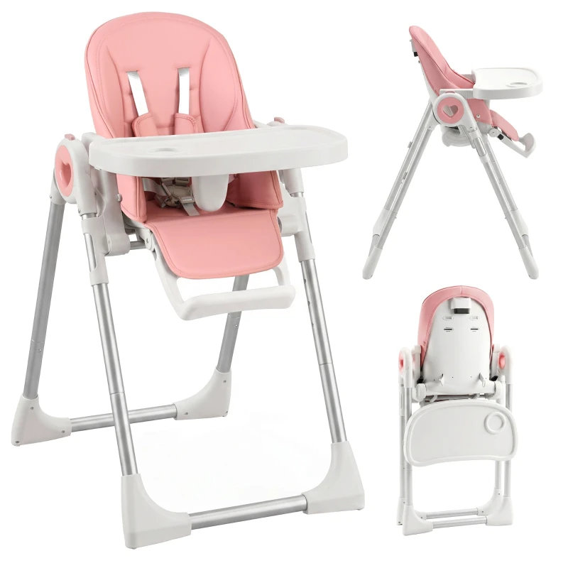 Convertible Foldable High Chair for Babies 6–36 Months (33 lb), Reclining Seat, Adjustable Height & Footrest, Dual Removable Washable Trays, Wheels, 5-Point Harness — Pink