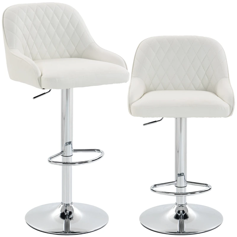 Set of 2 PU Bar Stools, Height-Adjustable, 360° Swivel, Wide Padded Seat with Backrest and Footrest, Metal Base, Kitchen Island Bar Stools, White