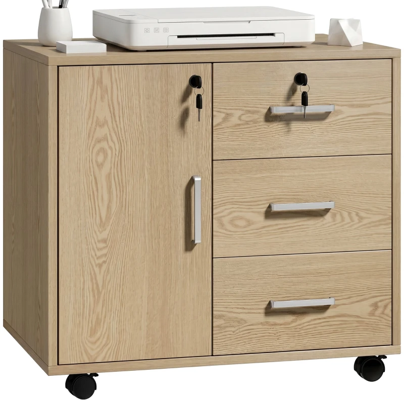 Office Mobile Pedestal with 3 Drawers & Adjustable Shelf, Lockable Cabinet on Casters, 23.6 x 15.7 x 22.0 in (60 x 40 x 56 cm) – Light Brown