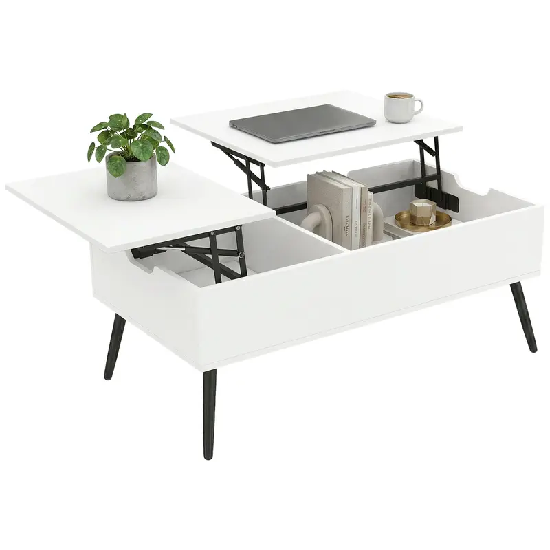 Table basse relevable HOMCOM à double plateau avec compartiment dissimulé, piètement métal moderne pour salon & bureau — 100 x 50 x 43,6–58 cm, blanc