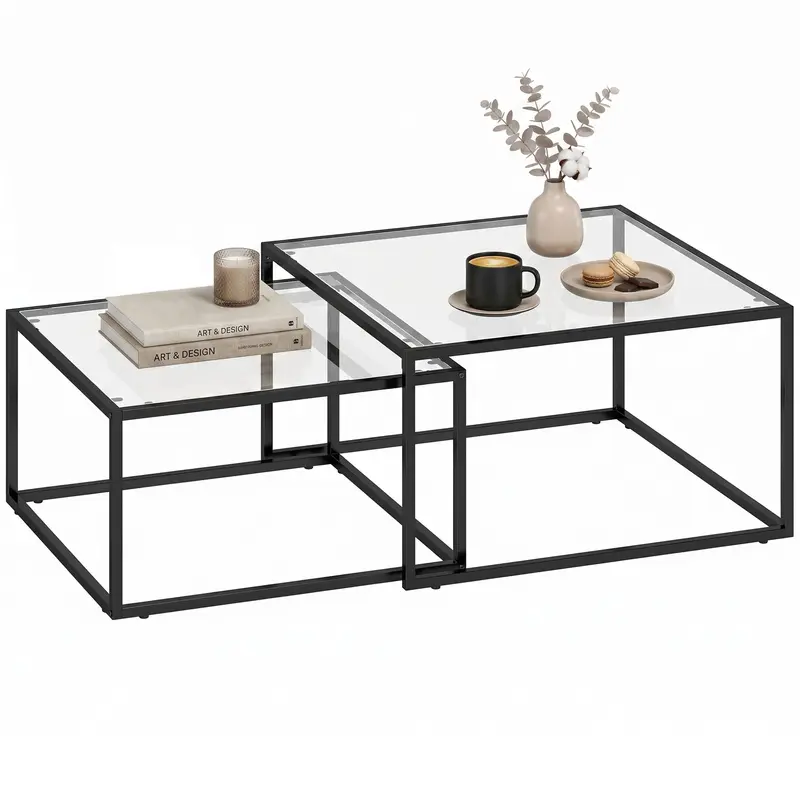 HOMCOM - Lot de 2 tables basses gigognes carrées avec plateaux en verre trempé et structure métallique, noir — Grandes : 75 × 75 × 42 cm ; Petites : 65 × 65 × 36 cm