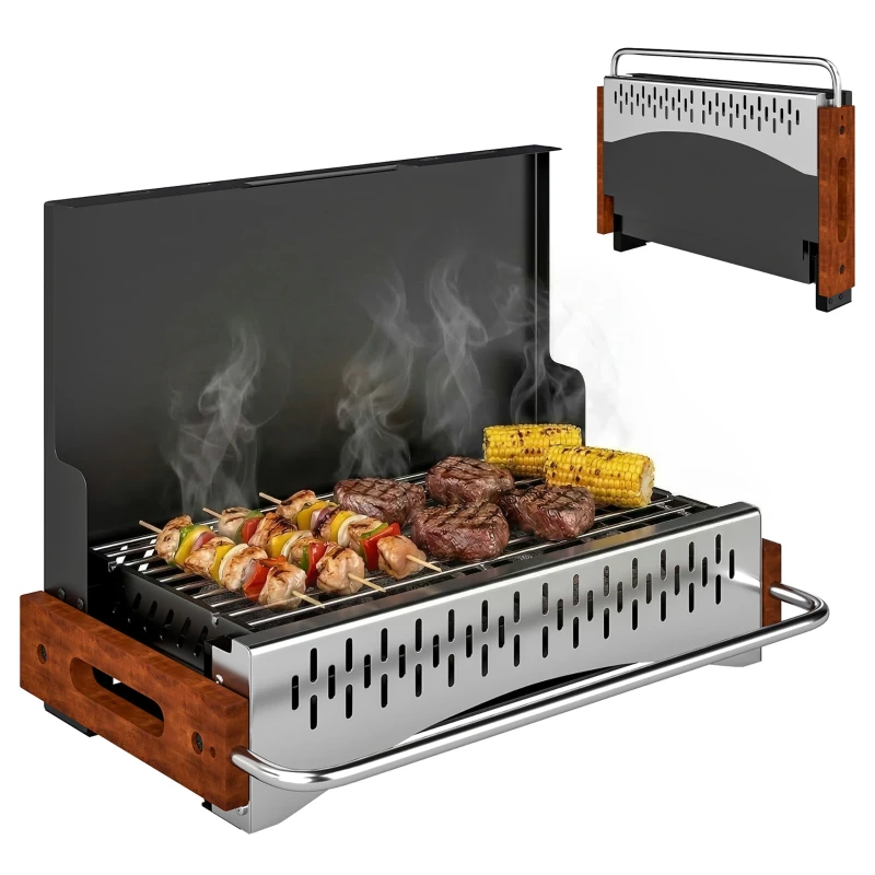 Foldable Charcoal Grill, Portable Briefcase BBQ, 19.9 x 13.4 x 13.0 in, Removable Charcoal Tray, for Camping, Picnics & Backyard Parties, Black