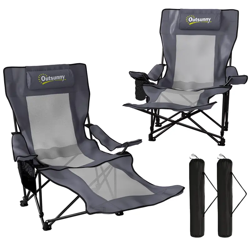 Lot de 2 chaises de camping pliantes Outsunny — dossier réglable, repose-pieds, porte-gobelet et appui-tête, jusqu'à 120 kg