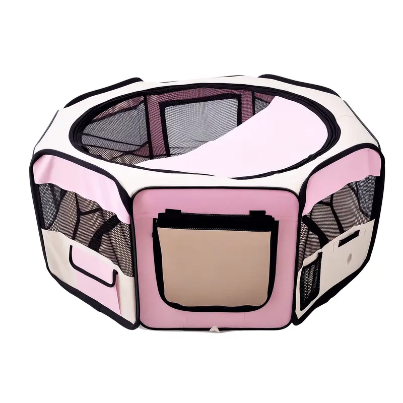 Parc pliable PawHut pour chiens et chats — enclos octogonal portable, Oxford 600D imperméable, 2 portes zippées, intérieur/extérieur, Ø90 x 41 cm, rose