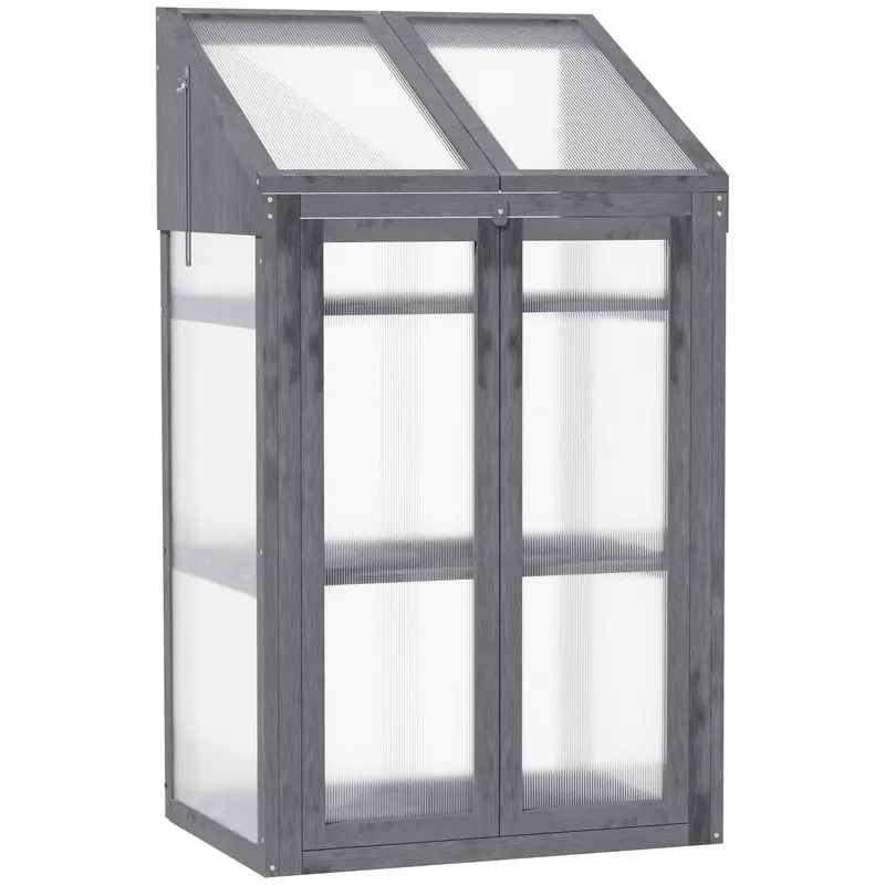Serre Miniature en Bois Outsunny 70 x 50 x 120 cm, Serre avec Couverture, Fenêtre, Double Porte, Cadre Froid Lumineux avec 3 Étagères, Jardin Élevé Résistant à L'Hiver pour Jardin et Balcon, Gris