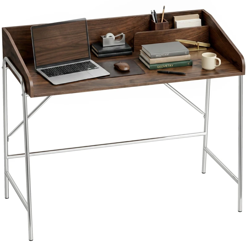 Computer Desk, 43 in Walnut Work Table with Raised Safety Lip and Metal Frame, Easy Assembly — Modern Compact Desk for Home Office or Study