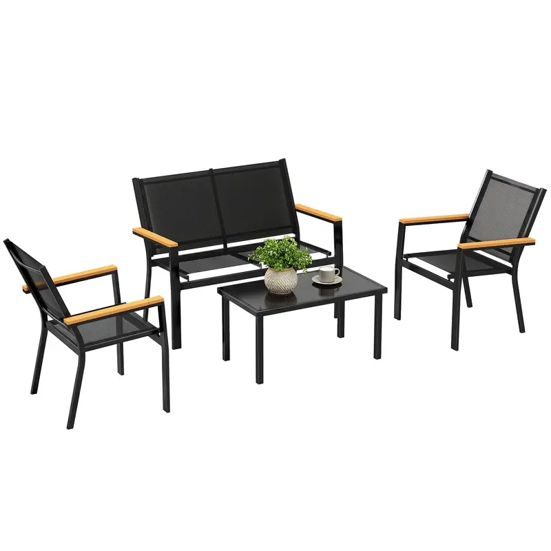 Patio Furniture Set 4 Piece Outdoor Conversation Set with Loveseat Sofa Armchairs Tempered Glass Coffee Table Textilene Seating Black