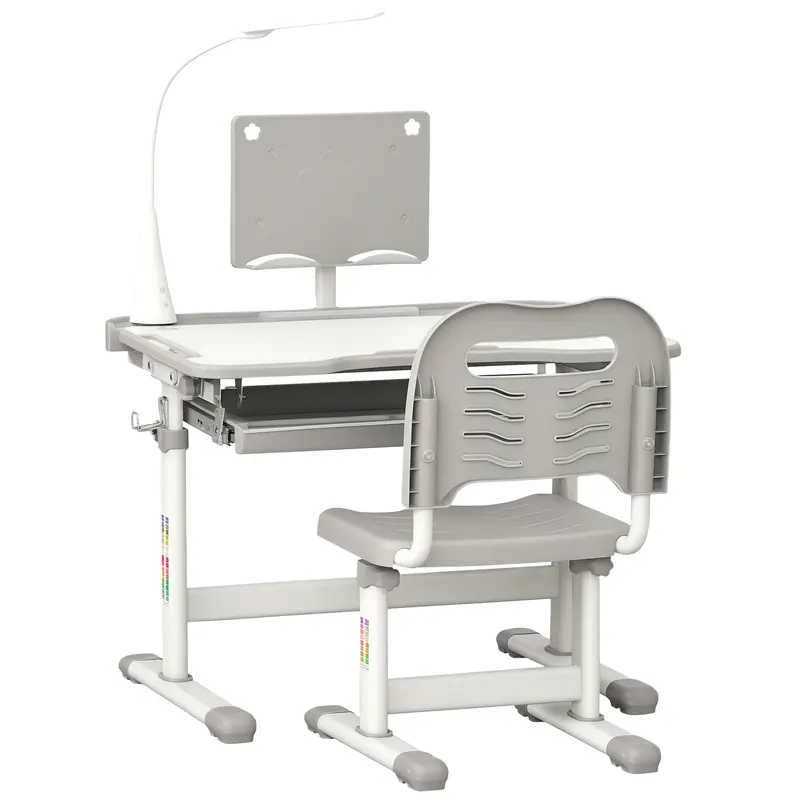 Children's Desk and Chair Set for +6 Years Kids Adjustable Height Children's Desk with Tilt Table Lamp Drawer and Bookshelf Gray