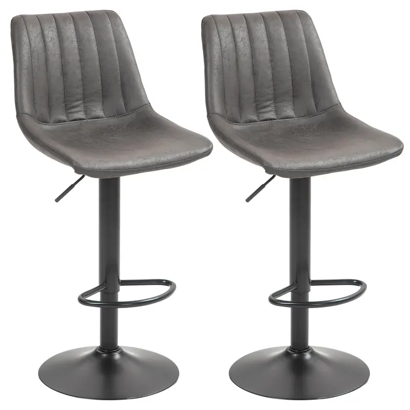 Set of 2 Microfiber Bar Stools – Adjustable Height, 360° Swivel, Padded Seat & Back with Footrest, Metal Base, for Kitchen Island, Dark Gray