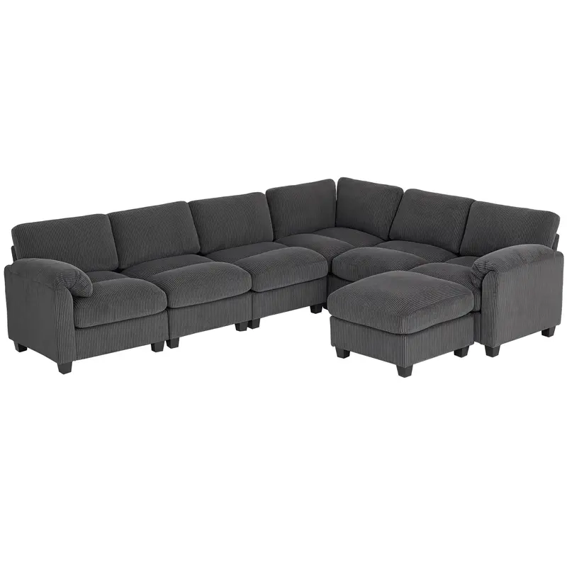 U-Shaped Corner Sofa, 292 x 224 cm (115" x 88") Sectional — Cord Fabric, Pocket-Sprung Cushions, Thick Padded Arms, Removable Ottoman, Sleeper Sofa, Dark Gray
