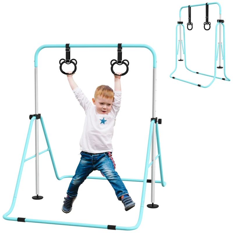 Kids Gymnastics Bar, Adjustable Folding Horizontal Bar 34.6–50.4 in with Gym Rings, Cyan