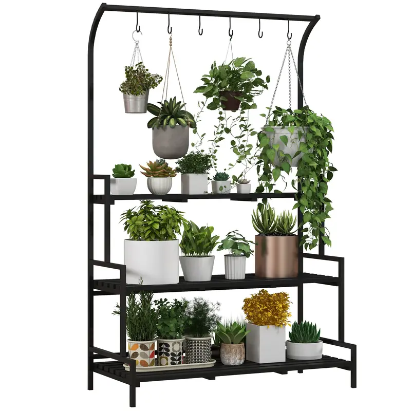 Outsunny 3-stufiger Pflanzenständer, 170 cm hoher Blumenständer mit Haken, Blumenregal für drinnen, Stahlpflanzenständer, Blumenstufen-Pflanzentopfstä