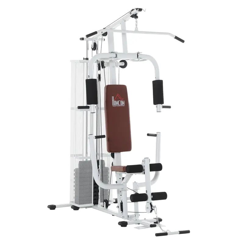 Strength Training Station Fitness Station with Lat Pull Down Extension Butterfly Bar 45kg Weights Cable Fitness Equipment Up to 120kg Capacity Multifunctional Strength Training Multistation Training Station for Home White