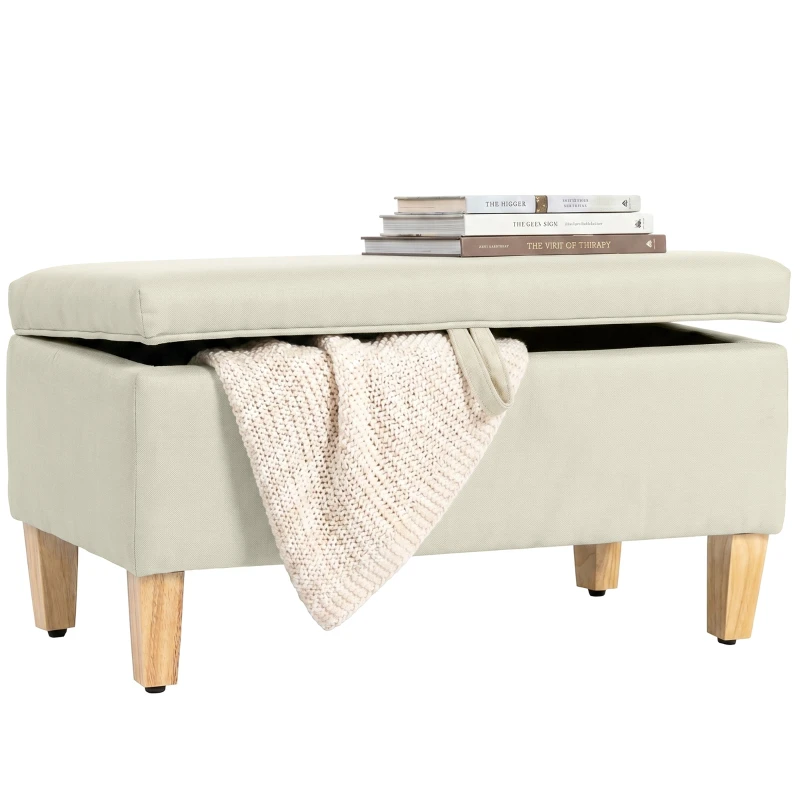 Storage Bench — Upholstered Linen-look Ottoman with Rubberwood Legs for Living Room, Bedroom or Entryway, 71 x 37 x 36 cm (28 x 14.6 x 14.2 in), Beige