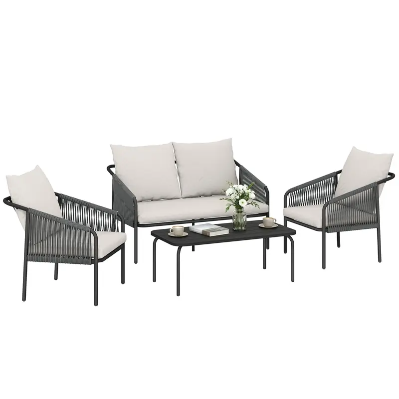 4 Piece Rattan Garden Furniture Set Outdoor Patio Conversation Set with Loveseat, Armchairs & Coffee Table, PE Wicker Lounge Set with Cushions Khaki
