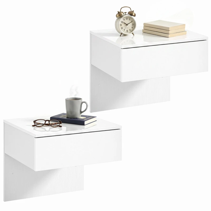 Set of 2 Wall-Mounted Floating Nightstands with Drawer, Modern High-Gloss White, 15.7x13.8x14.3 in