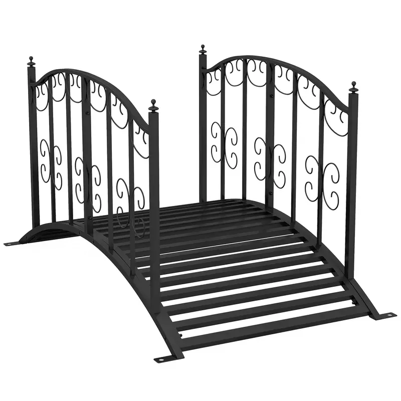 Garden Bridge Steel 1.19m Pond Bridge with Rail Decorative Bridge with Flower Pattern Decorative Bridge up to 120kg for Balcony, Terrace, Black