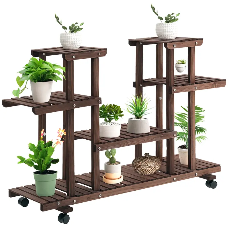 Outsunny 4-Etagë Planzenstand, 80cm héich Blummenstand fir Indoor & Outdoor, Hólzelen Planzenregal, Multi-Bunn Blummeständer, Blummenstand Blummtopfst