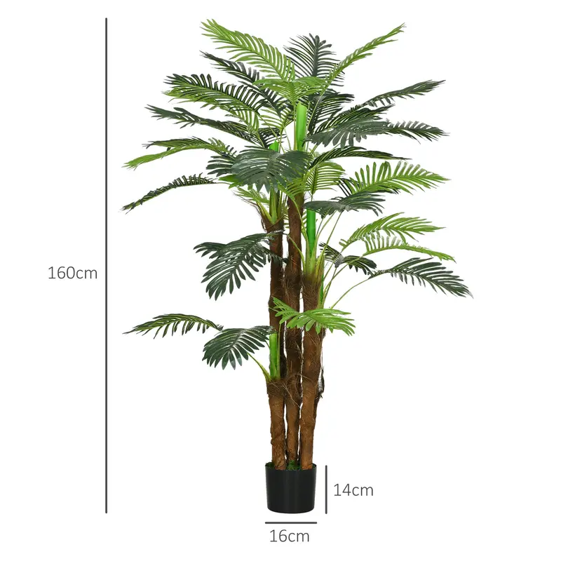 Outsunny künstliche Palme H.1,6m Künstlicher Baumstamm Äste Flechtenblätter Hohe Realität Inklusive Topf
