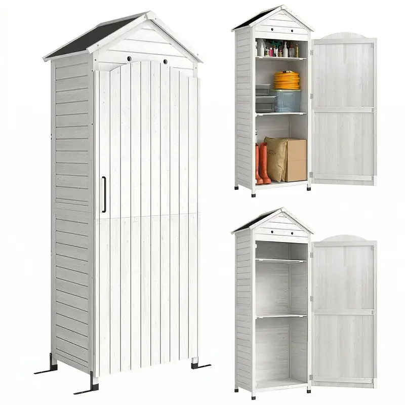 Tall Pine Garden Storage Cabinet with Adjustable Shelves, Magnetic Door & Galvanized Roof, 85 x 58 x 213 cm (33.5 x 22.8 x 84 in) — White