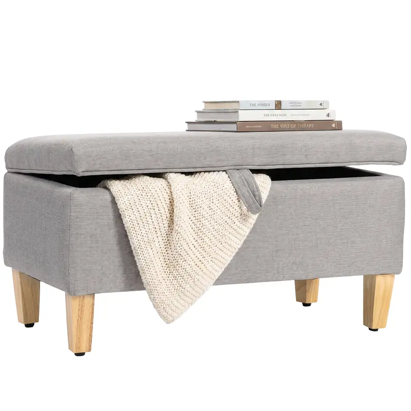 Storage Bench — Linen-Upholstered End-of-Bed Ottoman with Rubberwood Legs, Light Gray, 71 x 37 x 36 cm (28.0 x 14.6 x 14.2 in)
