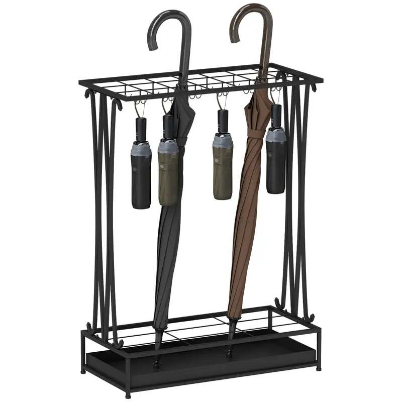 Umbrella Stand Steel Umbrella Holder Rectangular Umbrella Stand with 24 Hooks, 21 Holes, Removable Water Drip Tray for Walking Canes & Umbrellas 50 x 24 x 68 cm Black