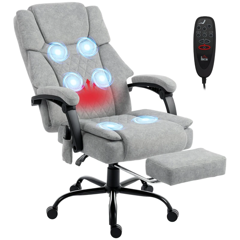 Office Chair with Massage — Ergonomic Reclining & Heated Executive Chair with Wide Seat, Velvet-Look Fabric, Height Adjustable, Remote Control, Gray