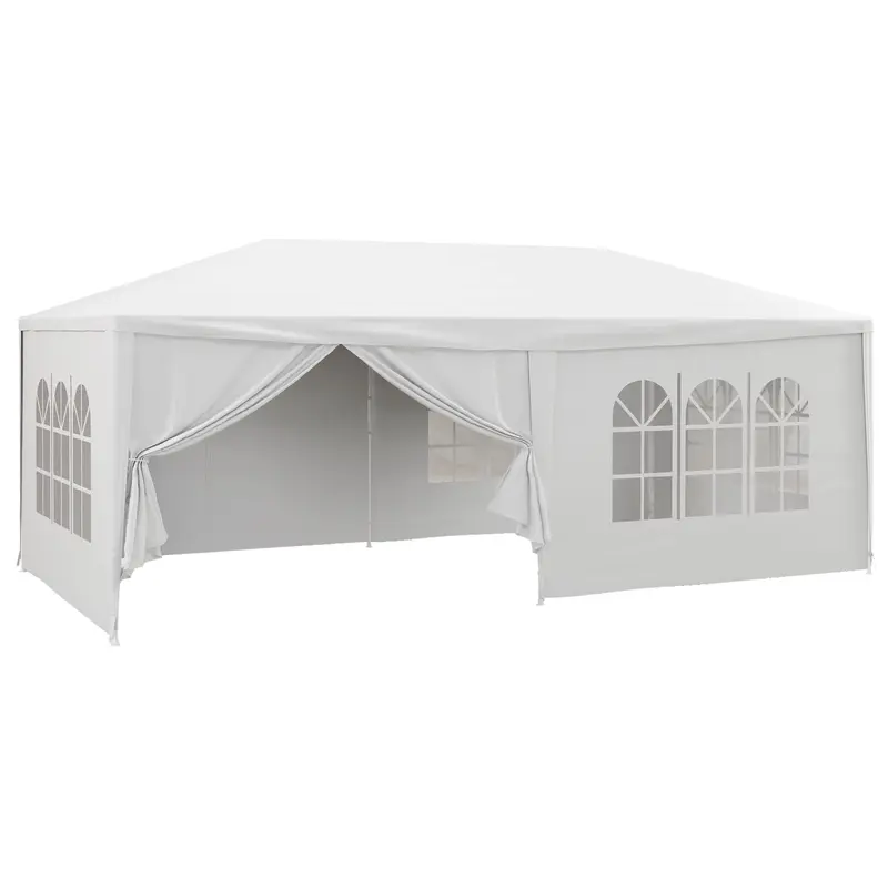 Tente de Jardin Outsunny 6x3 m Gazebo Amovible avec 4 Fenêtres 2 Portes Zippées 6 Murs Latéraux et Pavilion Imperméable pour Terrasse Patio Plage Blanc