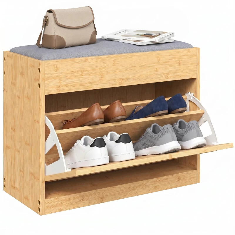 Shoe Bench with Padded Seat, Flip-Top Storage & Wicker Door, Adjustable Shelf — 24.8 x 11.4 x 18.9 in (Natural/Gray)