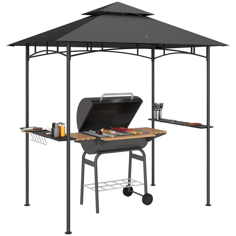 BBQ Pavilion with LED 240 x 150 x 258 cm water-resistant fire-retardant Garden Pavilion with double-layer canopy, side shelves, garden pergola with UV protection, BBQ Pavilion for Party BBQ Dark Gray