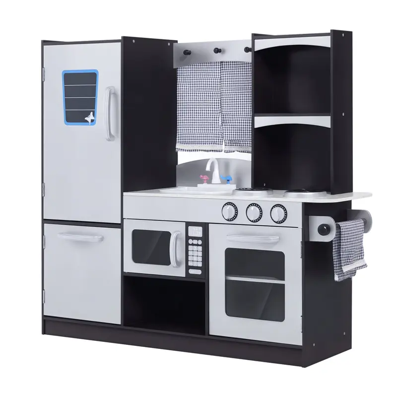 Cuisine en Bois HOMCOM pour Enfants de Plus de 3 Ans avec Accessoires - Cuisine Jouet avec Micro-ondes, Évier - 105x31,5x95 cm Argent et Brun Foncé