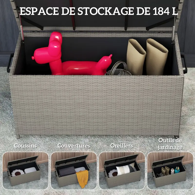 Outsunny Outdoor Aufbewahrungsbox aus Kunstfaser, 184 L Gartenaufbewahrungsbox mit Rollen, Gasdruckfedern, UV-beständig für Außenbereiche, Garten, Bal