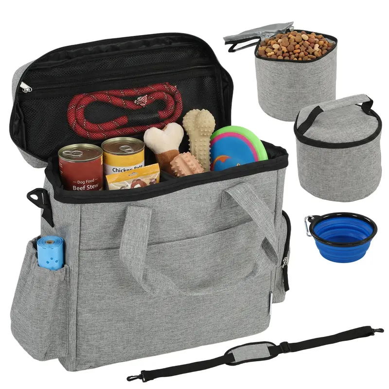PawHut — Sac de voyage pour friandises pour chien avec 2 contenants isothermes et gamelle pliable en silicone, poches, séparateur ajustable — Gris clair