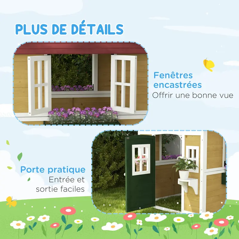 Kids Outdoor Cabin, Outdoor Kids House, with door, windows, and planters, garden cabin for children 3-8 years old, 114 x 126.4 x 135 cm, beige