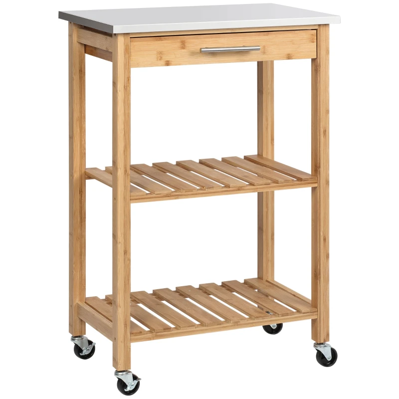 Bamboo Kitchen Cart — Space-Saving with Stainless Steel Top, Drawer & Slatted Shelves, Mobile Fruit & Veg Cart, Natural Finish