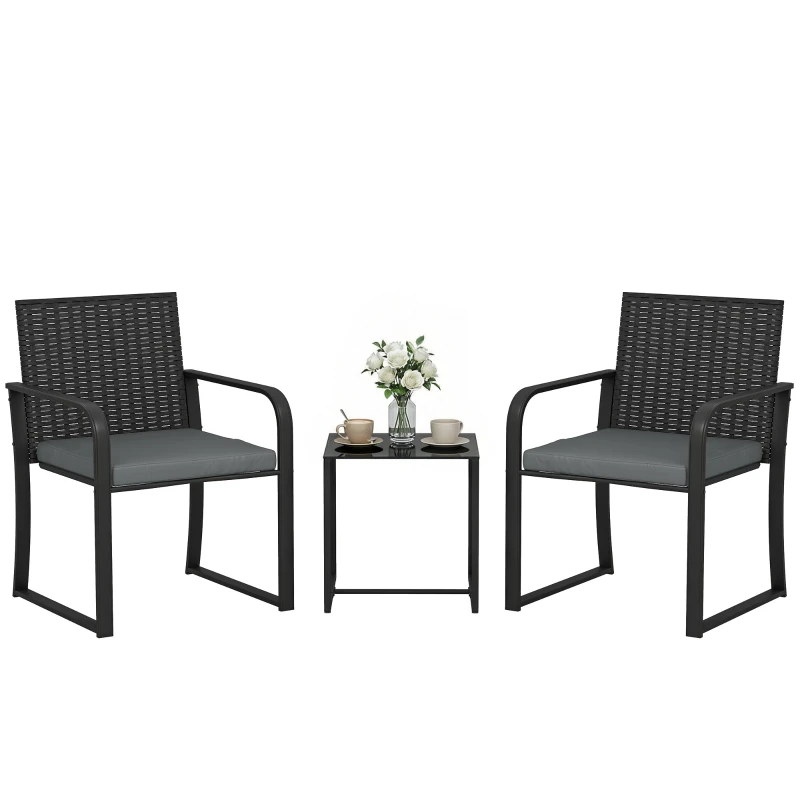 3-Piece Outdoor Rattan Patio Set — 2 Cushioned Chairs & Tempered Glass Side Table, Weather-Resistant, Gray