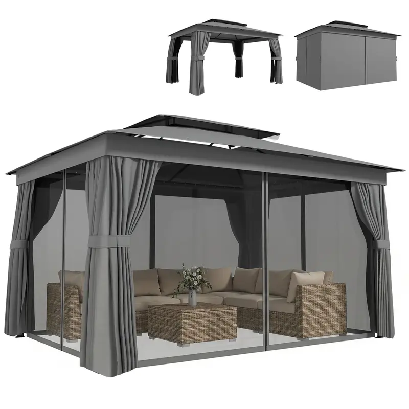 Garden Gazebo Double Roof Patio Gazebo with Curtains Mosquito Net Metal Frame Outdoor Canopy Party Tent Dark Grey 3.8 x 3 m