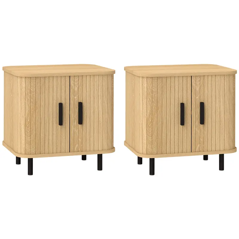 Pack of 2 Nightstands Bedside Tables with Sliding Doors 2 Shelves and Steel Legs Scandinavian Style for Living Room 48x40x48 cm Oak