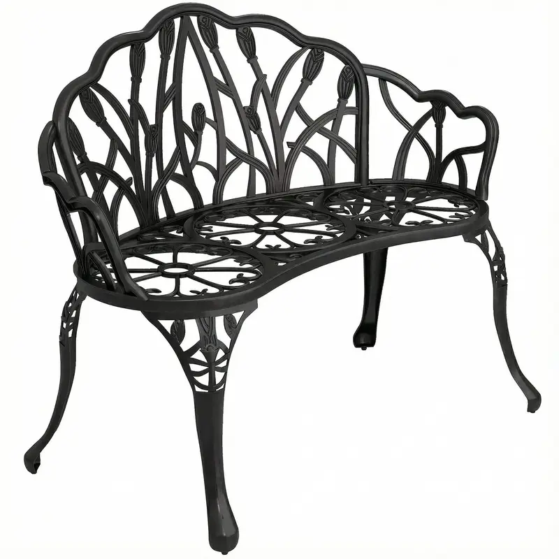 2-Seater Cast Aluminum Weatherproof Outdoor Bench with Tulip Back & Floral Motif, Perforated Balcony Bench up to 240 kg (529 lb) – 99 x 57 x 78 cm (39 x 22.4 x 30.7 in)