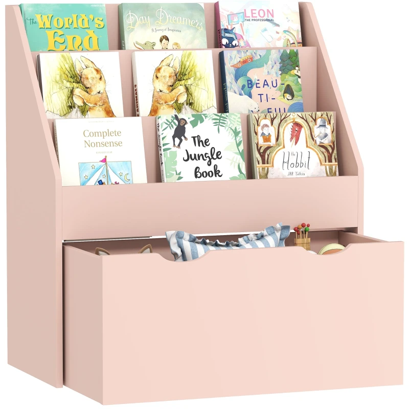 Kids Bookshelf & Toy Storage, 3 Shelves + Rolling Drawer, 24.6 x 11.8 x 27.6 in (62.5 x 30 x 70 cm) – Pink