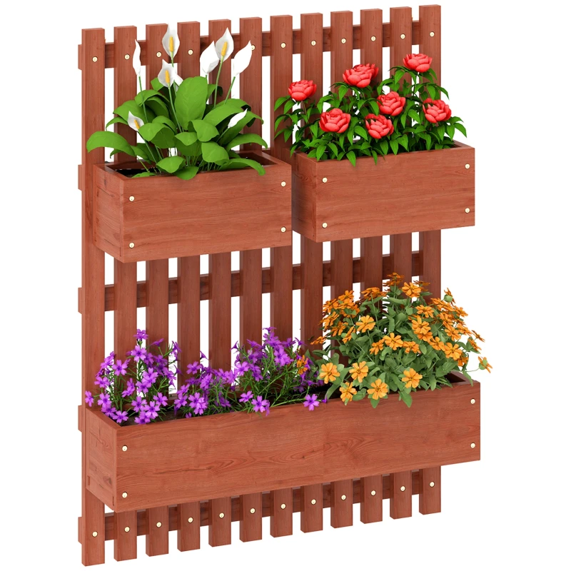 Vertical Slatted Wall Planter with 3 Removable Pots & Drainage Holes — Fir Wood, Wall-Mounted Raised Garden for Plants, Flowers & Veggies, 23.6 x 6.3 x 31.5 in, Brown