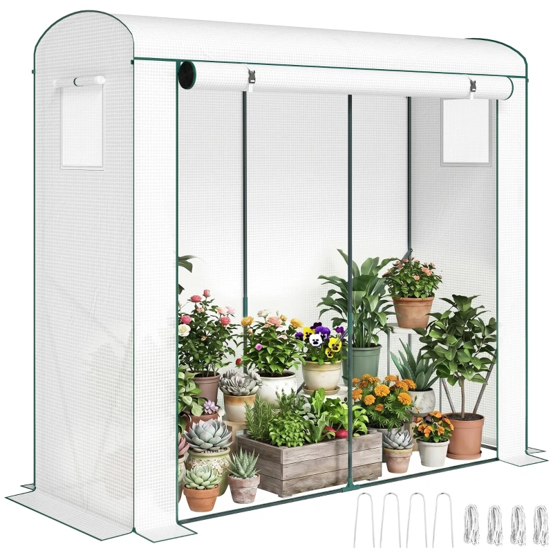PE Greenhouse with Mesh Windows & Roll-Up Door, Steel Frame, 79" x 29.5" x 74" (200 x 75 x 188 cm) – White/Green